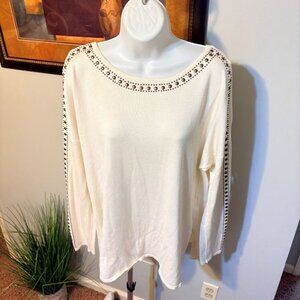 White Studded Open Shoulder Sweater - L